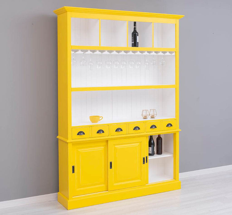 Großer Buffetschrank aus Massivholz mit Glashalterungen in verschiedenen Farben - Blau