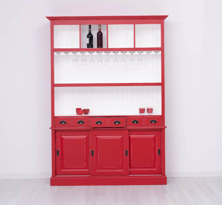 Großer Buffetschrank aus Massivholz mit Glashalterungen in verschiedenen Farben - Rot-Weiß