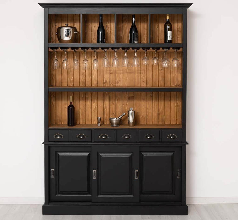 Buffetschrank aus Massivholz mit Glashalterungen in schwarz - Schwarz