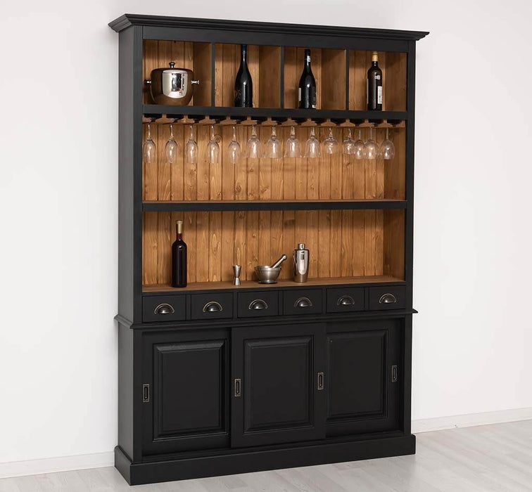 Buffetschrank aus Massivholz mit Glashalterungen in schwarz - Schwarz