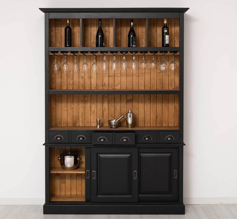 Buffetschrank aus Massivholz mit Glashalterungen in schwarz - Schwarz