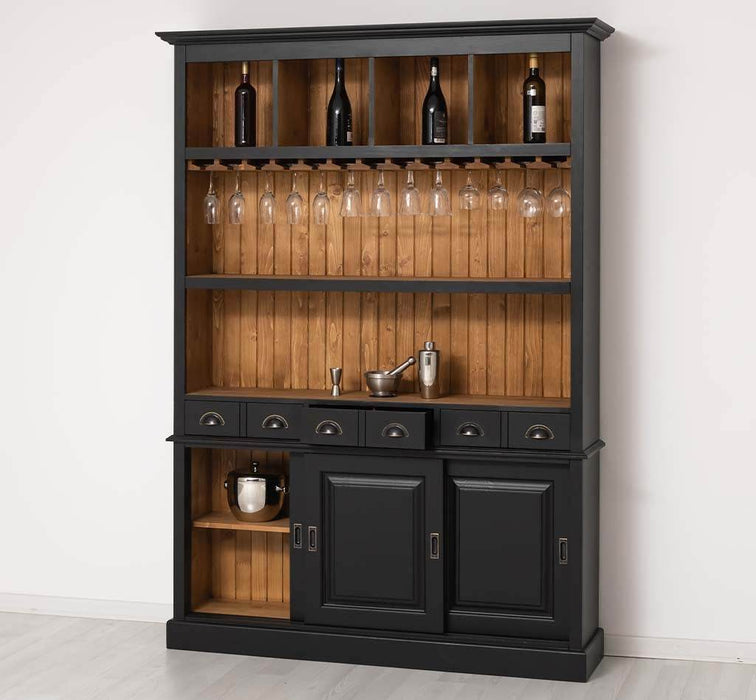 Buffetschrank aus Massivholz mit Glashalterungen in schwarz - Schwarz