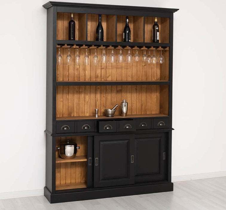 Buffetschrank aus Massivholz mit Glashalterungen in schwarz - Schwarz