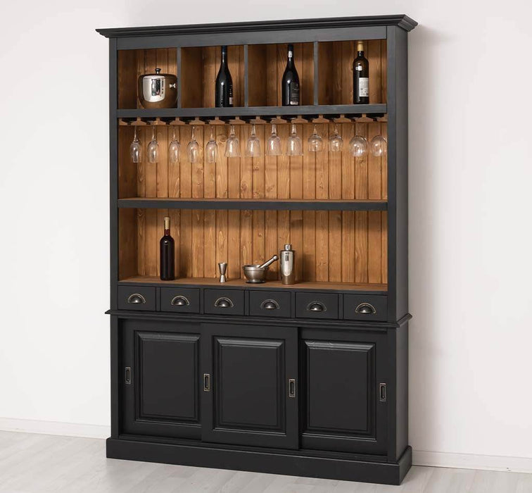 Buffetschrank aus Massivholz mit Glashalterungen in schwarz - Schwarz