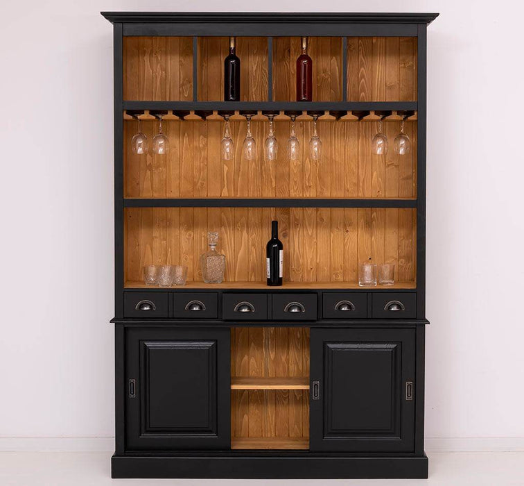 Buffetschrank aus Massivholz mit Glashalterungen in schwarz - Schwarz