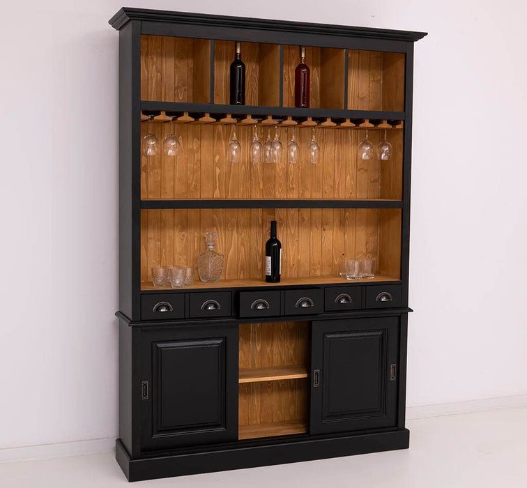 Buffetschrank aus Massivholz mit Glashalterungen in schwarz - Schwarz