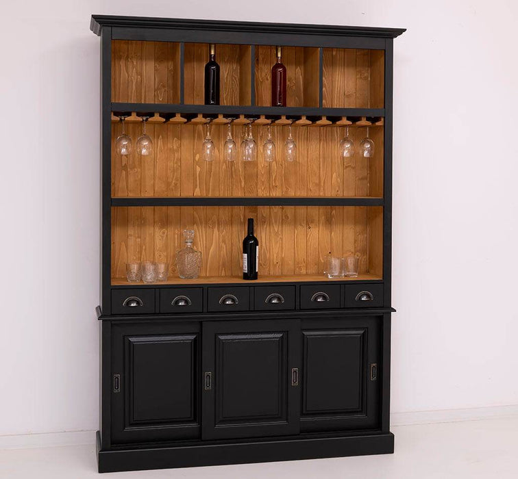 Buffetschrank aus Massivholz mit Glashalterungen in schwarz - Schwarz