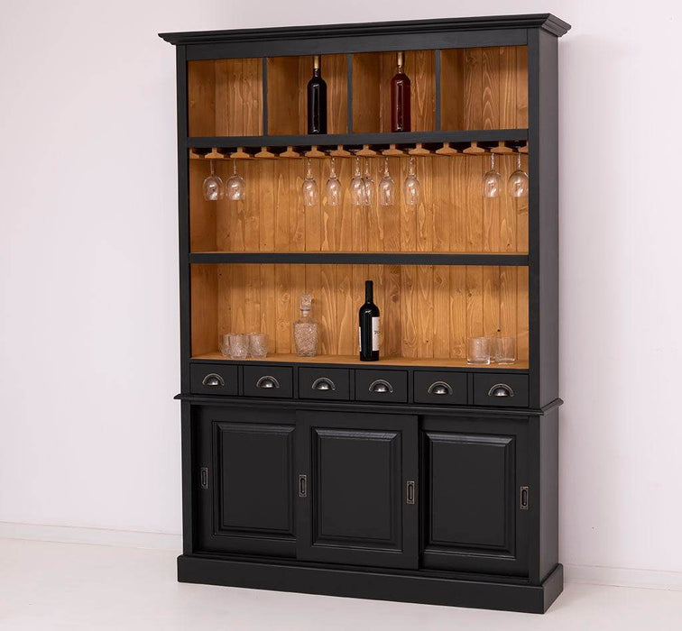 Buffetschrank aus Massivholz mit Glashalterungen in schwarz - Schwarz