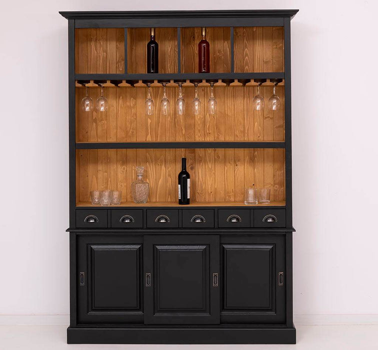 Buffetschrank aus Massivholz mit Glashalterungen in schwarz - Schwarz