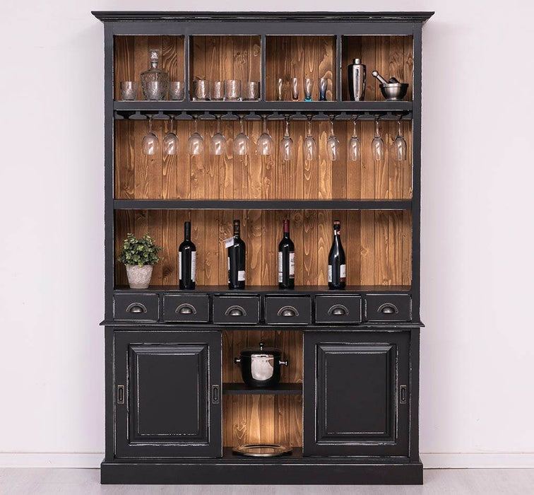 Buffetschrank aus Massivholz mit Glashalterungen in schwarz - Schwarz