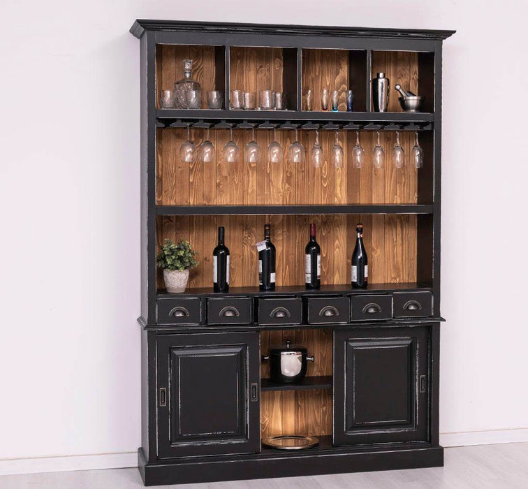 Buffetschrank aus Massivholz mit Glashalterungen in schwarz - Schwarz
