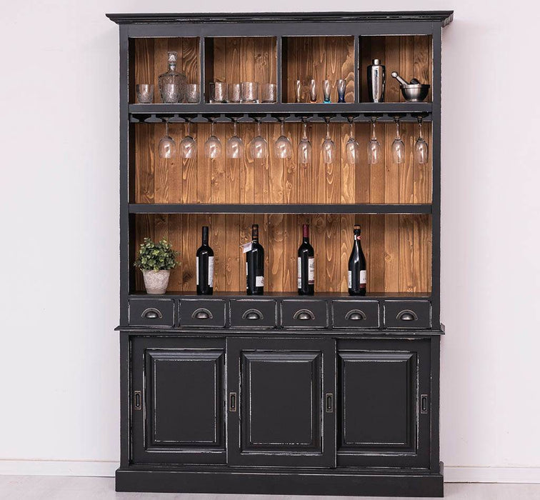Buffetschrank aus Massivholz mit Glashalterungen in schwarz - Schwarz