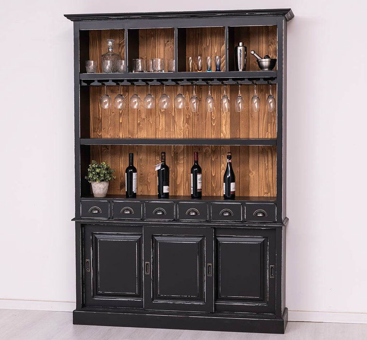 Buffetschrank aus Massivholz mit Glashalterungen in schwarz - Schwarz