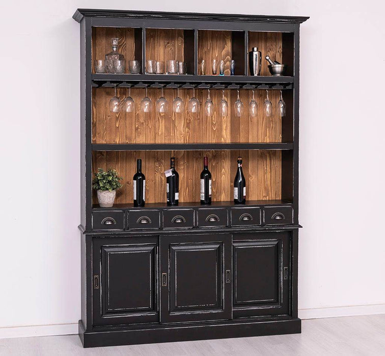 Buffetschrank aus Massivholz mit Glashalterungen in schwarz - Schwarz