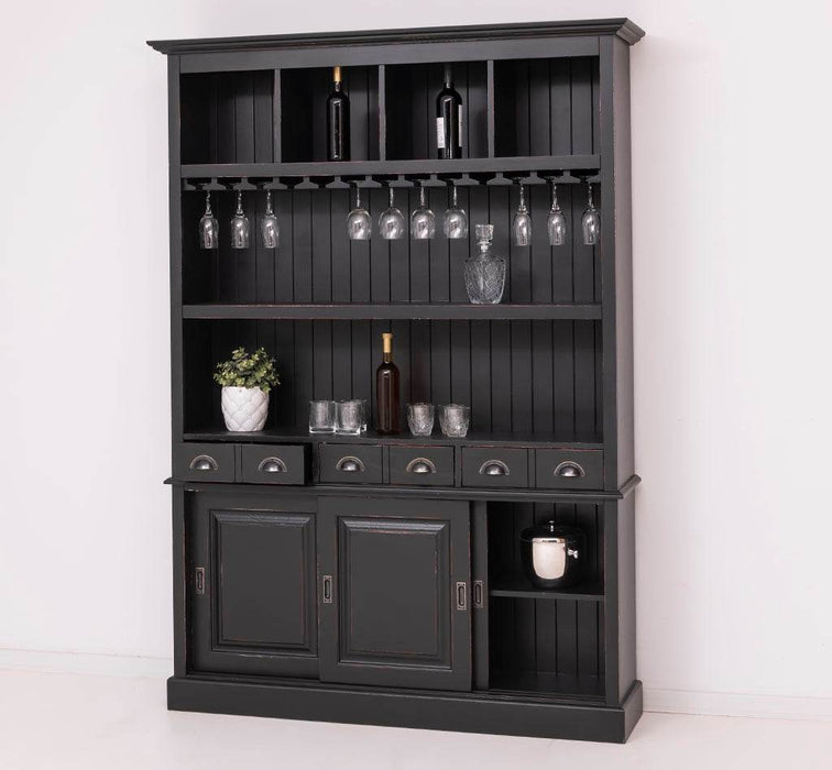 Buffetschrank aus Massivholz mit Glashalterungen in schwarz - Schwarz
