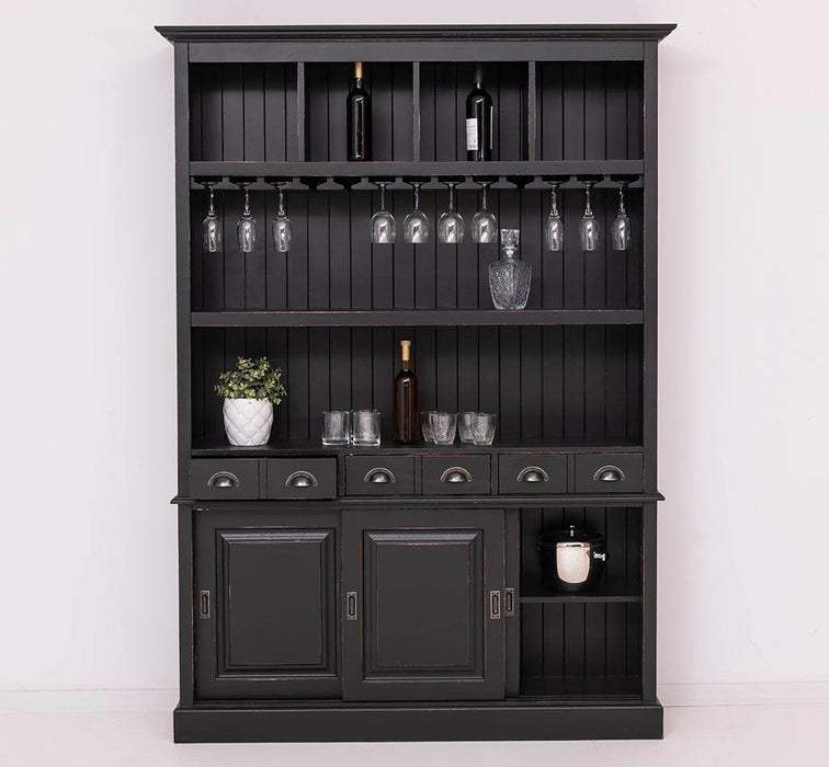 Buffetschrank aus Massivholz mit Glashalterungen in schwarz - Schwarz