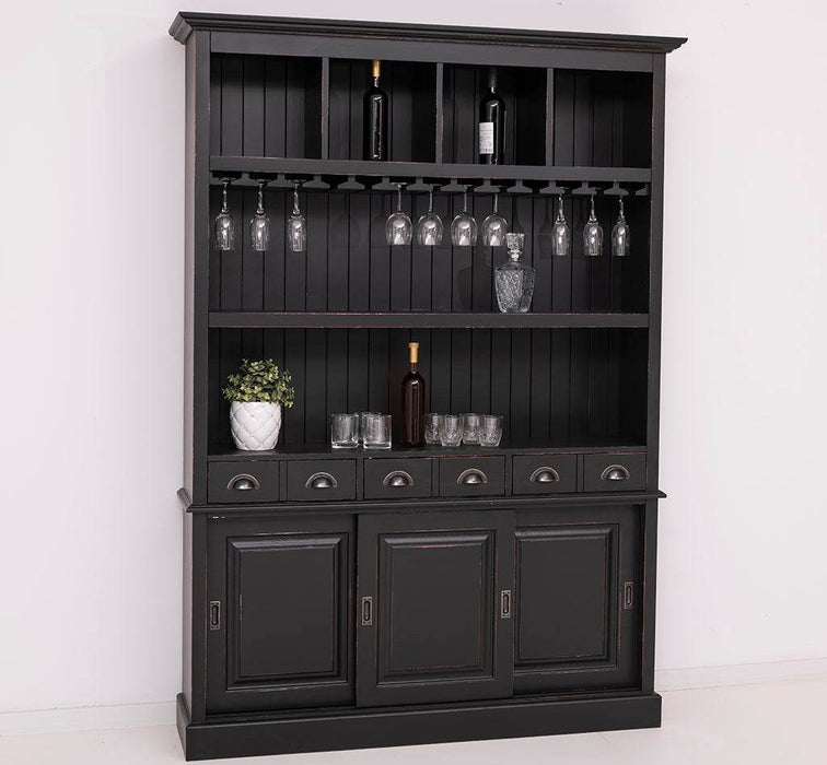 Buffetschrank aus Massivholz mit Glashalterungen in schwarz - Schwarz