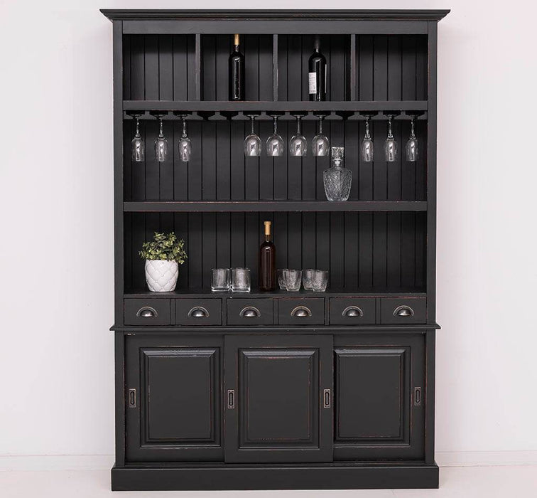Buffetschrank aus Massivholz mit Glashalterungen in schwarz - Schwarz