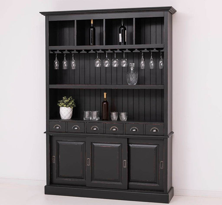 Buffetschrank aus Massivholz mit Glashalterungen in schwarz - Schwarz