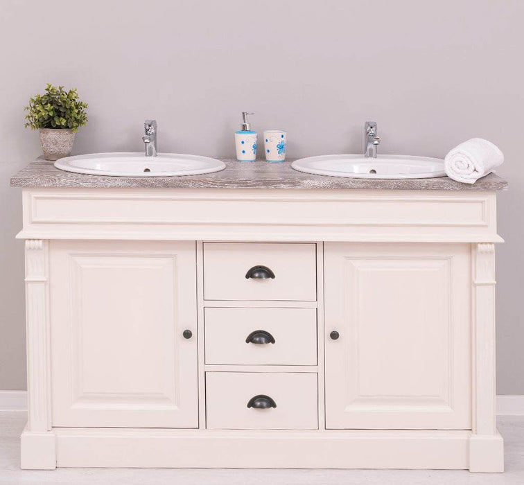 Doppelwaschtisch mit Unterschrank - Waschbeckenunterschrank aus Massivholz mit Eichenplatte - Creme