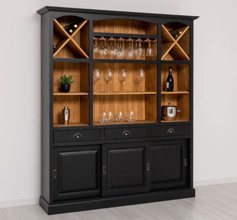 Großer Buffet- und Weinschrank aus Massivholz | Wohnzimmerschrank mit Glashalter und Flaschenablagen - Schwarz