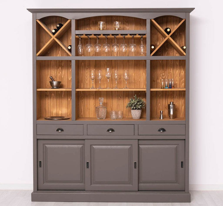 Großer Buffet- und Weinschrank aus Massivholz | Wohnzimmerschrank mit Glashalter und Flaschenablagen - Grau
