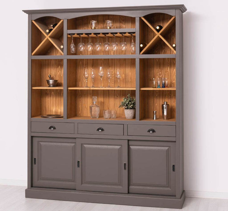 Großer Buffet- und Weinschrank aus Massivholz | Wohnzimmerschrank mit Glashalter und Flaschenablagen - Schwarz