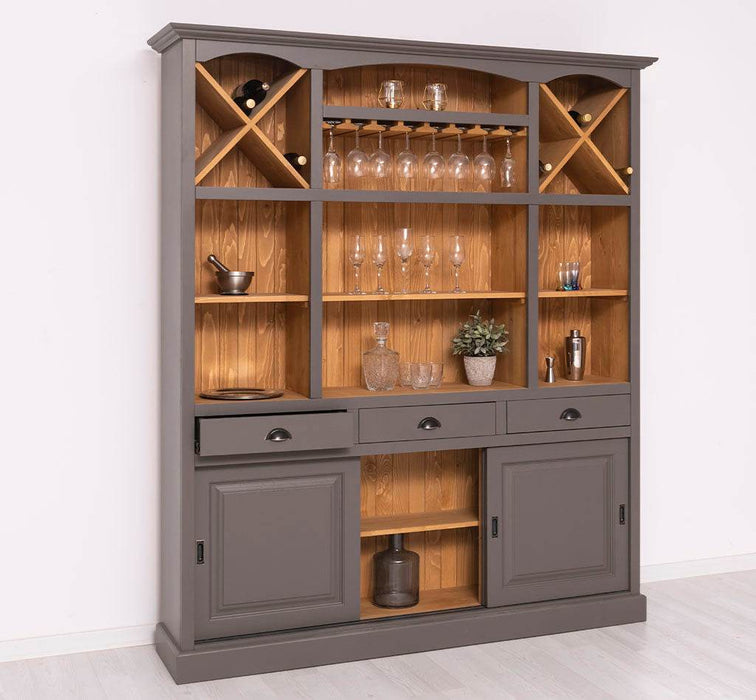 Großer Buffet- und Weinschrank aus Massivholz | Wohnzimmerschrank mit Glashalter und Flaschenablagen - Schwarz