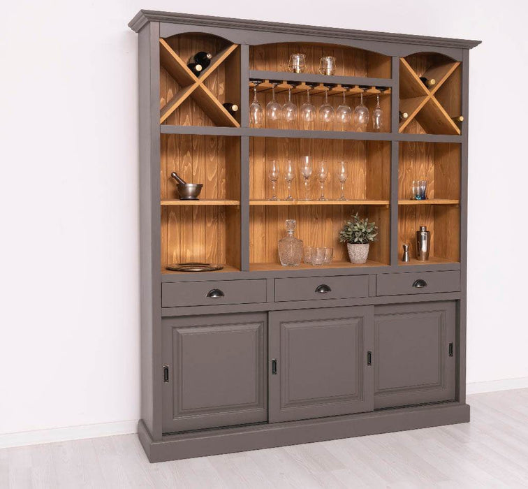Großer Buffet- und Weinschrank aus Massivholz | Wohnzimmerschrank mit Glashalter und Flaschenablagen - Schwarz