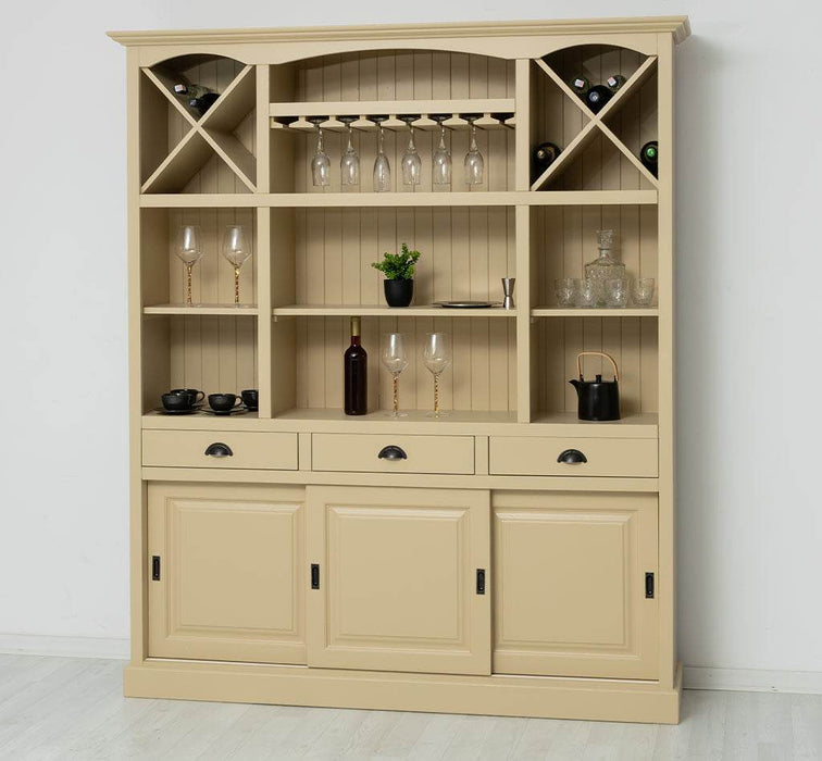 Großer Buffet- und Weinschrank aus Massivholz | Wohnzimmerschrank mit Glashalter und Flaschenablagen - Schwarz