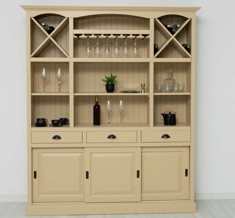 Großer Buffet- und Weinschrank aus Massivholz | Wohnzimmerschrank mit Glashalter und Flaschenablagen - Ocker