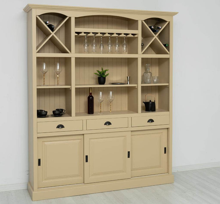 Großer Buffet- und Weinschrank aus Massivholz | Wohnzimmerschrank mit Glashalter und Flaschenablagen - Schwarz