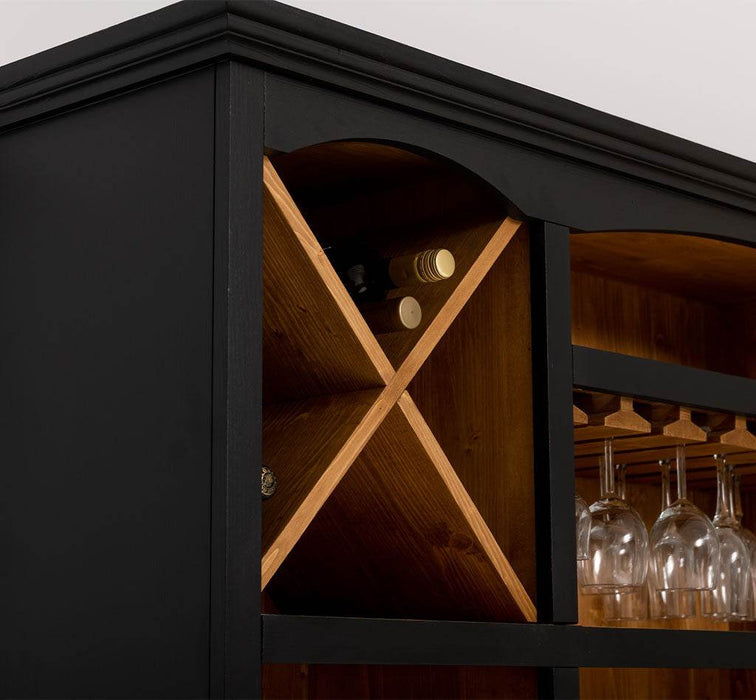 Großer Buffet- und Weinschrank aus Massivholz | Wohnzimmerschrank mit Glashalter und Flaschenablagen - Schwarz