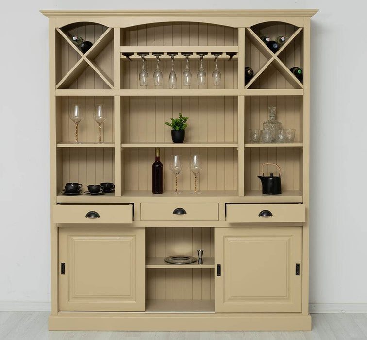 Großer Buffet- und Weinschrank aus Massivholz | Wohnzimmerschrank mit Glashalter und Flaschenablagen - Schwarz