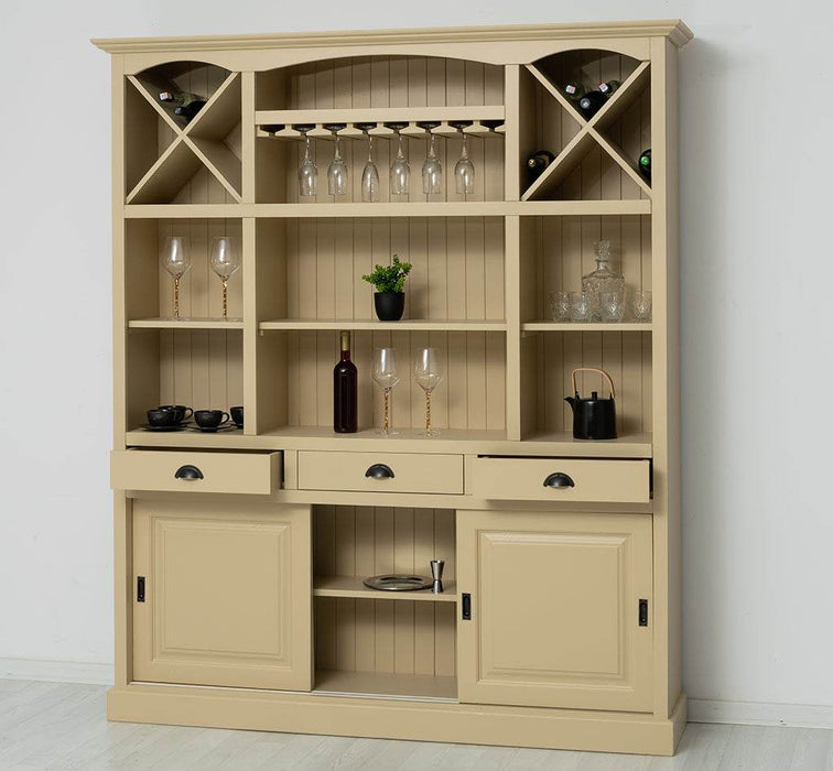 Großer Buffet- und Weinschrank aus Massivholz | Wohnzimmerschrank mit Glashalter und Flaschenablagen - Schwarz