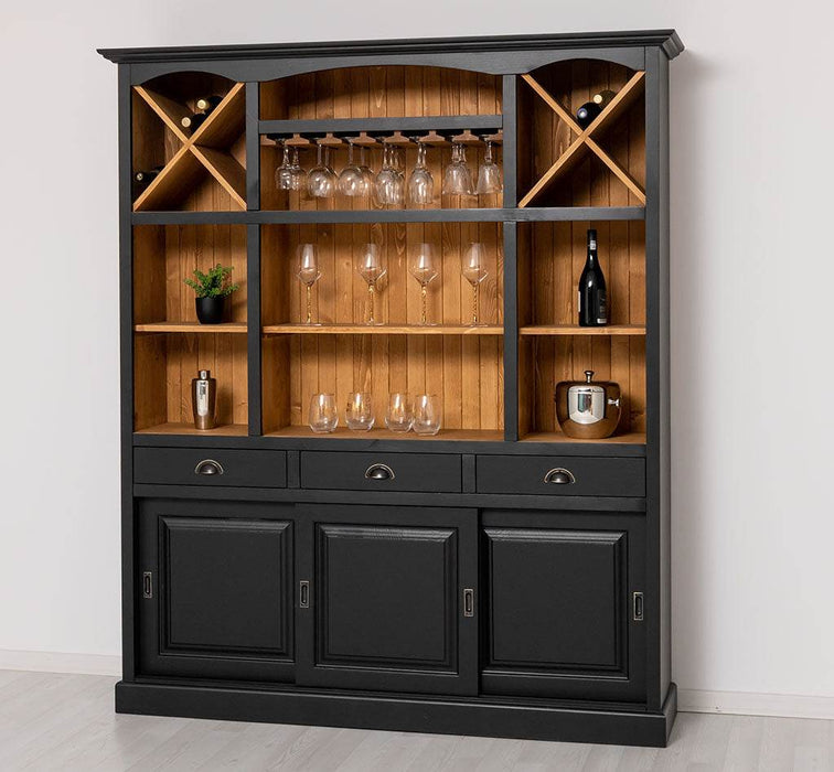 Großer Buffet- und Weinschrank aus Massivholz | Wohnzimmerschrank mit Glashalter und Flaschenablagen - Schwarz