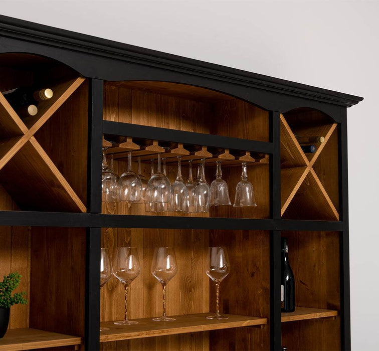 Großer Buffet- und Weinschrank aus Massivholz | Wohnzimmerschrank mit Glashalter und Flaschenablagen - Schwarz