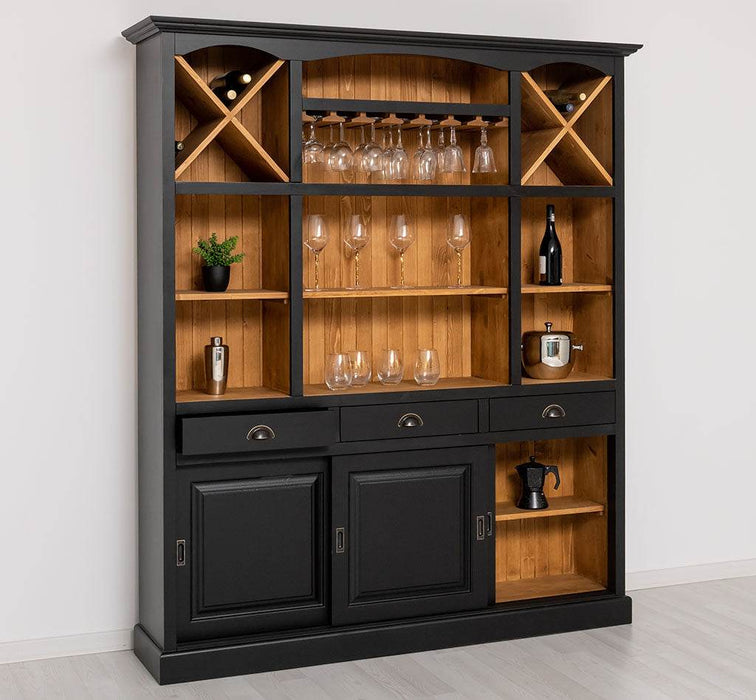 Großer Buffet- und Weinschrank aus Massivholz | Wohnzimmerschrank mit Glashalter und Flaschenablagen - Schwarz