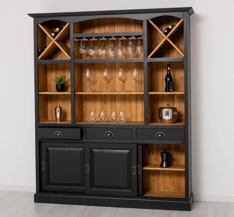 Großer Buffet- und Weinschrank aus Massivholz | Wohnzimmerschrank mit Glashalter und Flaschenablagen - Schwarz