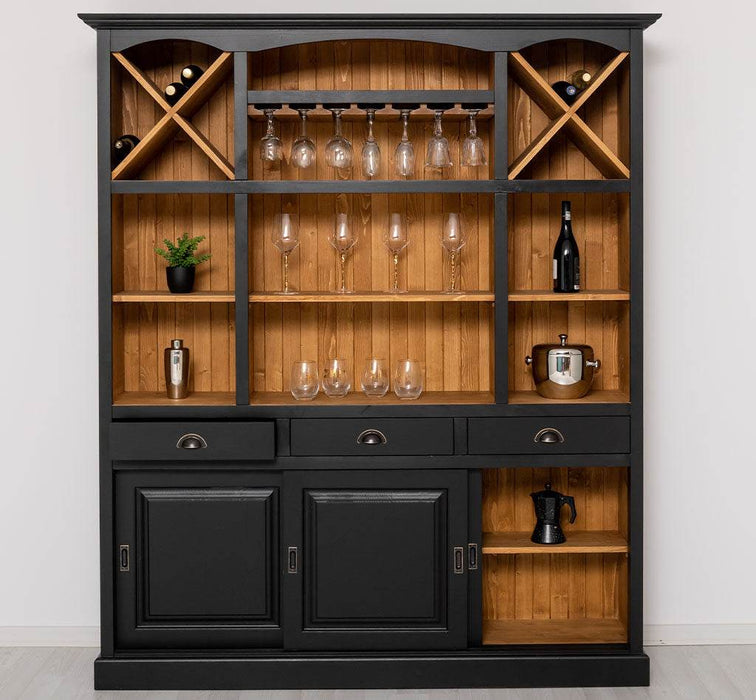 Großer Buffet- und Weinschrank aus Massivholz | Wohnzimmerschrank mit Glashalter und Flaschenablagen - Schwarz