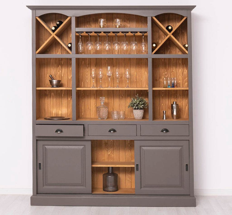 Großer Buffet- und Weinschrank aus Massivholz | Wohnzimmerschrank mit Glashalter und Flaschenablagen - Schwarz