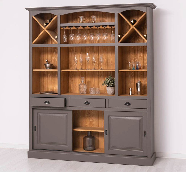 Großer Buffet- und Weinschrank aus Massivholz | Wohnzimmerschrank mit Glashalter und Flaschenablagen - Schwarz