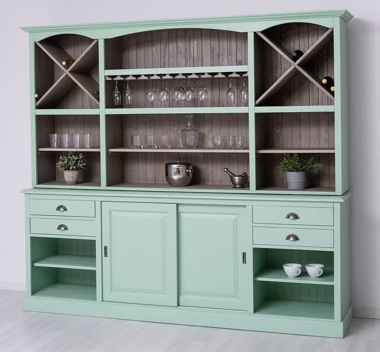 Großer Buffetschrank aus Massivholz | Wohnzimmerschrank mit Glashaltern und Weinfächern - Schwarz - gewachst