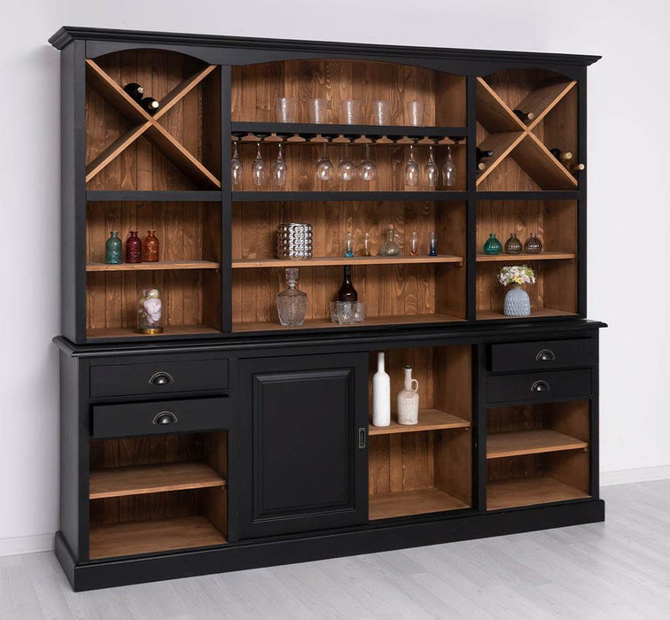 Großer Buffetschrank aus Massivholz | Wohnzimmerschrank mit Glashaltern und Weinfächern - Schwarz - gewachst
