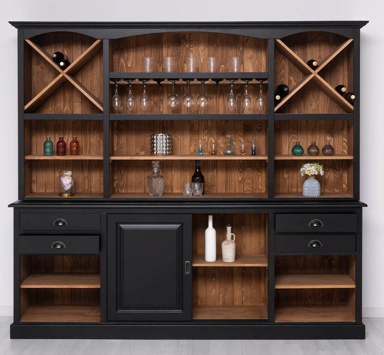 Großer Buffetschrank aus Massivholz | Wohnzimmerschrank mit Glashaltern und Weinfächern - Schwarz - gewachst