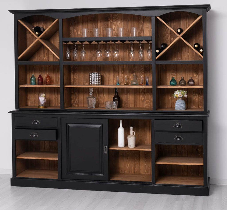 Großer Buffetschrank aus Massivholz | Wohnzimmerschrank mit Glashaltern und Weinfächern - Schwarz - gewachst