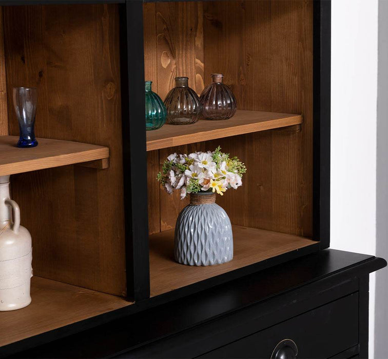 Großer Buffetschrank aus Massivholz | Wohnzimmerschrank mit Glashaltern und Weinfächern - Schwarz - gewachst