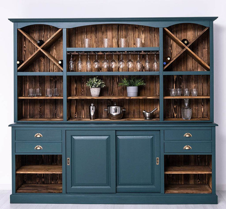 Großer Buffetschrank aus Massivholz | Wohnzimmerschrank mit Glashaltern und Weinfächern - Petrol