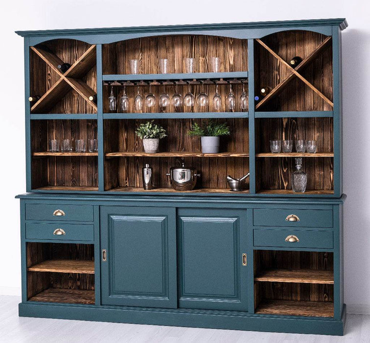 Großer Buffetschrank aus Massivholz | Wohnzimmerschrank mit Glashaltern und Weinfächern - Schwarz - gewachst