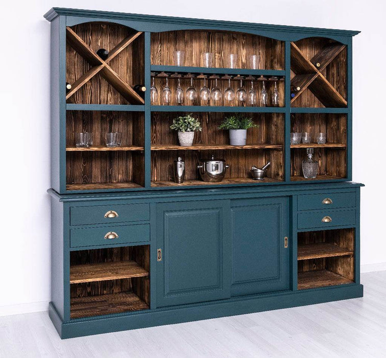 Großer Buffetschrank aus Massivholz | Wohnzimmerschrank mit Glashaltern und Weinfächern - Schwarz - gewachst